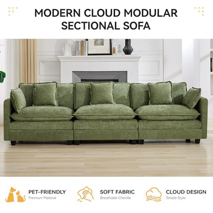 111'' Sectional Cloud Deep Seat Couch, Modern Comfy Chenille Modular Sectional Sofa for Living Room Set, Upholstered Modular 3-Seats Sofa Couch, Green - color: Green, size: 111'' 3 Seats
