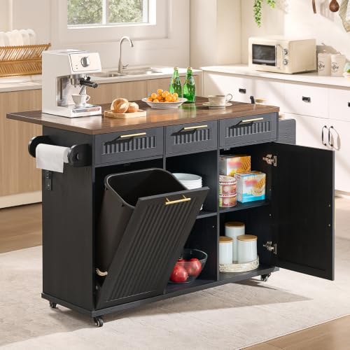 Okvnbjk 57" Rolling Kitchen Island with Storage & Drop Leaf, Black | Mobile Island with Trash Can Storage Cabinet, Power Outlet, Large Island Cart on Wheels with Spice & Towel Rack, Knife Holder - color: Black