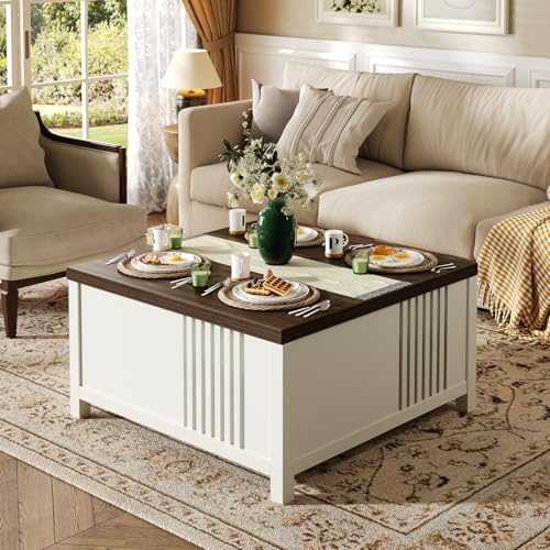 knoworld Farmhouse Lift Top Coffee Table with Storage, 35" Square Large Coffee Table with Hidden Compartment, Rustic Wood Center Table for Living Room, White