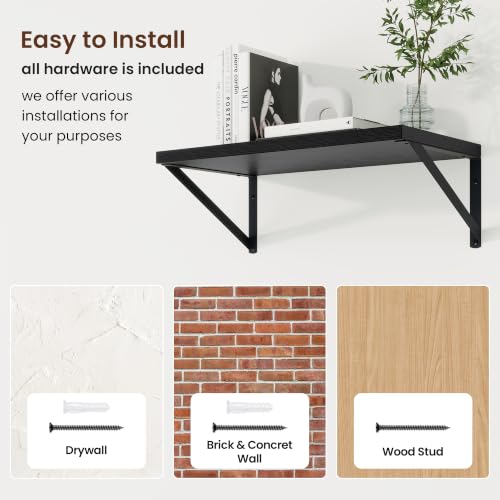 Deep Floating Shelves, 18'' x 10'' Black Wall Shelves Set of 2 | 10 Inch Deep Shelves with Heavy Duty Brackets, Rustic Wood Shelves for Bathroom Living Room, Engineered Wood, 30LBS - color: Black, size: 18W x 10D