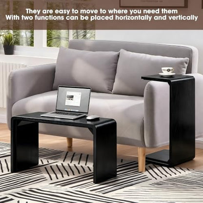 Solid Wood C Shaped Sofa Side Table, Small End Table for Couch, Modern Simple Narrow Table for Small Spaces, Mini Coffee Table for Living Room, Bedroom, Bedside (Black) - color: Black