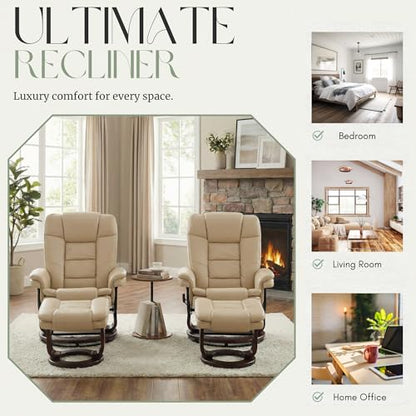 Swivel Recliner Chair with Ottoman Reclining Lounge Sofa Footrest, Set of 2 | 360°Sturdy Wood Base, Soft Faux Leather, Upholstered Ultra-Plush Foam, Modern Armchair, Living Room Bedroom Office Reading - color: Beige, size: Set of 2
