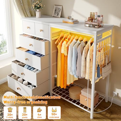 EnHomee 125cm W 드레서, 걸이용 랙 및 서랍 6개, 그리드 패널 및 후크 4개 포함 | LED 조명 및 충전 스테이션, 침실용 나무 상단 정리 유닛, 스틸 프레임이 있는 서랍장, 화이트 - color: 화이트.