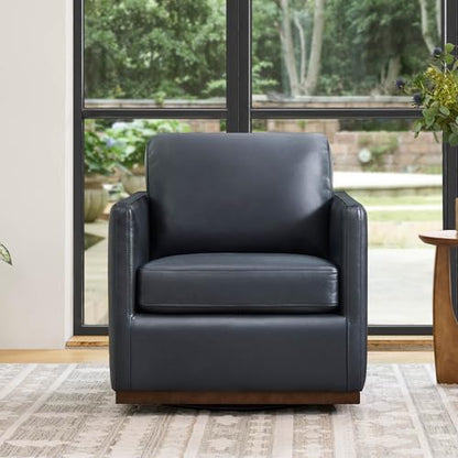 CHITA Genuine Leather Swivel Chair, Wood Frame, Fully Assembled, Navy | Leather Arm Chair with 360° Swivel Solid Wood Base, Mid Century Modern Living Room Chair, 33"Dx30"Wx33"H, 300 Lb Capacity - color: Navy
