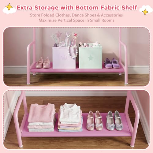 Kids Clothing Rack Double Rods for Bedroom Playroom Pink | Double Rod Design, Powder Coated Steel, Bottom Storage Shelf, for Baby Toddler Clothes, Dress Up, Nursery, Bedroom, Playroom - color: Pink