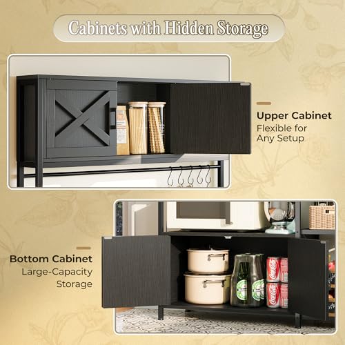 Huuger Large Bakers Rack with Power Outlet, Kitchen Microwave Stand with Cabinets, Coffee Bar Table Station with Storage, 6 S-Shaped Hooks, Mesh Shelves, 45 Inch Wooden Top, Black - color: Black