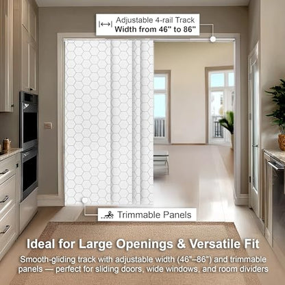 CHICOLOGY Panel Track Blinds, Hexagon Pattern, 86"x96", Cordless, Divider | 4 Fabric Panels, Fits 46–86″ Wide, Wall/Ceiling Mount, Room Divider Ready, Height Trimmable, Child & Pet Safe - color: Hexagon