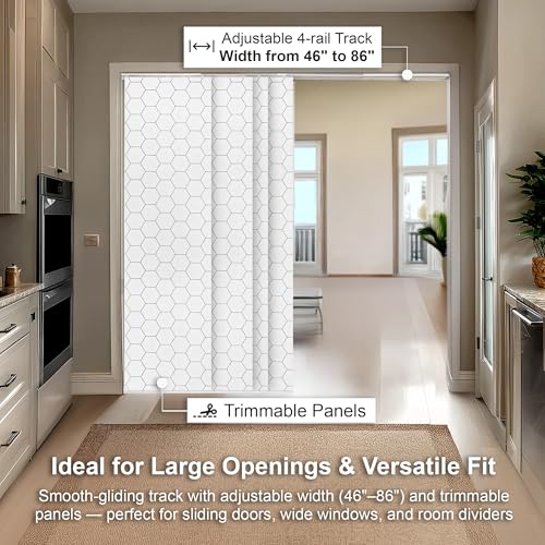 CHICOLOGY Panel Track Blinds, Hexagon Pattern, 86"x96", Cordless, Divider | 4 Fabric Panels, Fits 46–86″ Wide, Wall/Ceiling Mount, Room Divider Ready, Height Trimmable, Child & Pet Safe - color: Hexagon