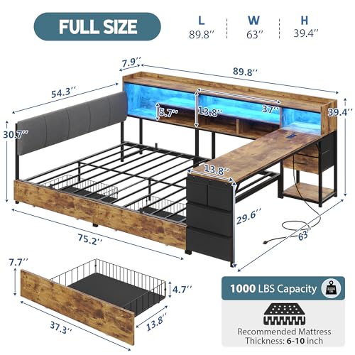 BYSAUD Corner Bed with Storage and Desk, Full Size Bed Frame, Corner Bed Frame with 4 Drawers, 7 Bookcase, 1 Side Storage Bag, Upholstered Headboard, LED Lights, Charging Station, Rustic Brown - color: Vintage Brown, size: Full Corner Bed