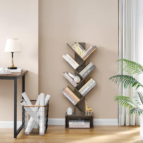 Hoctieon 6 Tier Tree Bookshelf, Tall Bookcase with Drawer, Freestanding Book Shelf, Display Floor Standing Storage Shelf, Book Organizer Shelves for Home Office, Living Room, Bedroom, Grey - color: Grey, size: 6 Tier