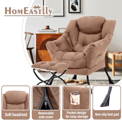 Lazy Chair with Ottoman, Soft Comfy Chair for Bedroom, Khaki | Reading Accent Lounge Chair with folding Foot Stool for Living Room Dorm Apartment, sturdy metal frame - color: Khaki