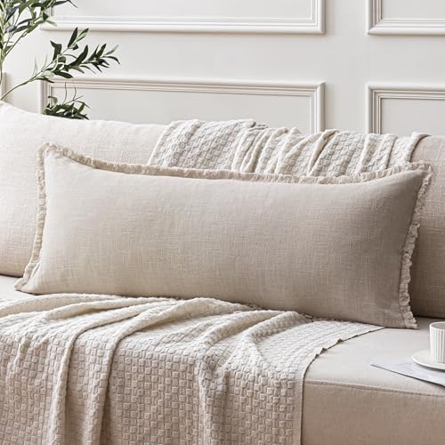 ANRODUO Decorative Linen Fringe Pillow Covers 14×36 Natural Beige 1 Pack | Long Throw Pillow Covers Soft Farmhouse Boho Cushion Covers with Tassels Lumbar Pillowcase for Bed Couch Sofa Living Room - color: Natural Beige, size: 36" x 14" (Pack of 1)