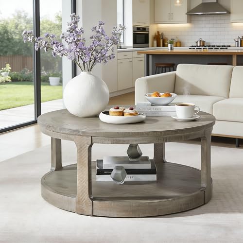 40" Round Wood Coffee Table, 2 Tier Modern Center Table with Roller Wheels,Solid Wood+MDF, Easy Assembly, Accent Table for Living Room, Apartment, Small Space. (Light Brown) - color: Light Brown