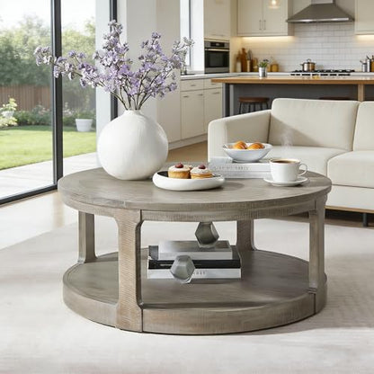 40" Round Wood Coffee Table, 2 Tier Modern Center Table with Roller Wheels,Solid Wood+MDF, Easy Assembly, Accent Table for Living Room, Apartment, Small Space. (Light Brown) - color: Light Brown