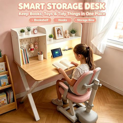 Lightdot 44"×24" White Computer Desk with Motion Sensor Light, Home Office Gaming Desk with Charging Station Pegboard, Modern Study Desk for Work Bedroom Game Kids Room Living Room - color: White/Natural