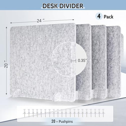 4 Pack Acoustic Desk Dividers, 24" x 20" (Silver Gray) | Freestanding Privacy Panels Set with Noise - Reducing Design Cubicle Sound Proof, Ideal for Office, Classroom, and Home - color: Light Gray, size: 4 Pack