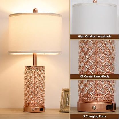 SAIWEYA 24in Crystal Table Lamp Set of 2 Bedroom Lamps for Night Stand | 3-Way Dimmable Touch with Night Ligh, 2 USB Ports + AC Outlet, White Fabric Shade, LED Bulb Included - color: Rose Gold-2 Pack 24In