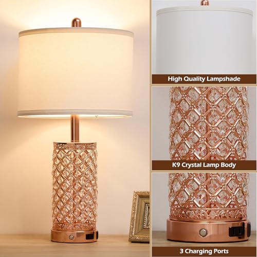 SAIWEYA 24in Crystal Table Lamp Bedroom Lamps for Night Stand Bedside | 3-Way Dimmable Touch with Night Ligh, 2 USB Ports + AC Outlet, White Fabric Shade, LED Bulb Included - color: Rose Gold-1 Pack 24In