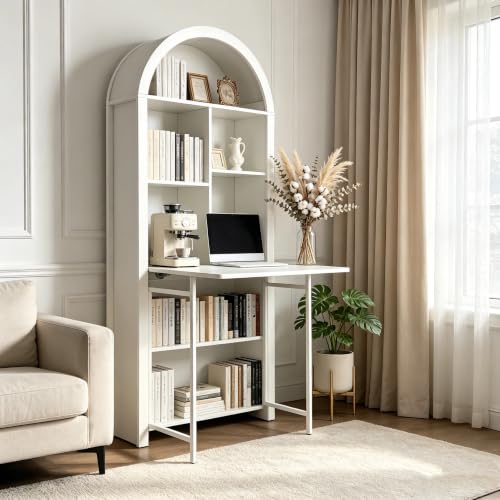 FNK Folding Arched Bookshelf Narrow Bookcase with Hideaway Craft Desk | Multifunctional Foldable Desk with Storage Shelves, Disappearing Vanity Desk for Small Spaces, Cable Management & Anti-Tip - color: Milk White