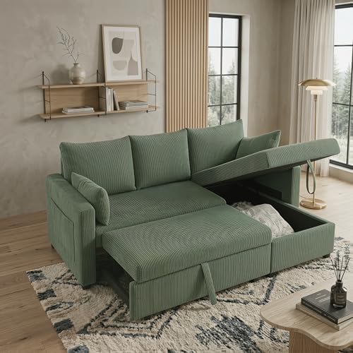 85'' Queen 3-Seat Pull Out Sleeper Sofa Bed with Storage, Green | Convertible Sofa Bed with Storage, 85 Inch,L Shaped 3 Seat Sectional Sleeper Sofa - color: C-green-3r