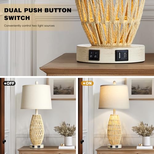CINSARY 27“ Beige Rattan Table Lamps with Night Light, Boho Bedside Lamps Set of 2, Woven Wicker Bedroom Lamp for Nightstand with USB A+C Charging Port & AC Outlet, Tall Coastal Living Room Lamp - color: Beige