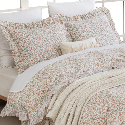 DAUAOTO Full Size Ruffle Duvet Cover Set, 100% Cotton, Kids Teen Girls Duvet Cover 82"X86" + 2 Shams, Ditsy Floral Pattern Pink - color: Pattern 10#, size: 82"x86" Full Cover + 2 Shams