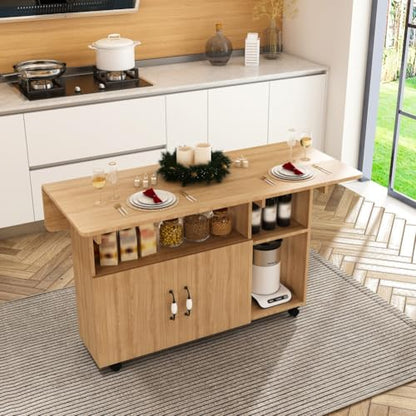 Folding Dining Table with Wheels, Drop Leaf Dinner Table with 2-Layer Storage, Space Saving Table for Small Spaces, Kitchen, Dining Room (Wood) - color: Wood