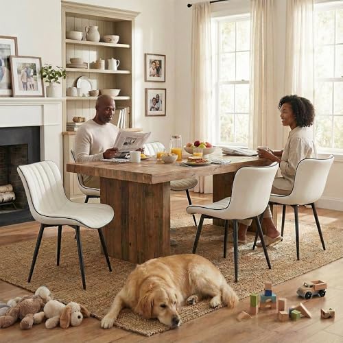 YOUNUOKE Dining Chairs Set of 2 Mid-Century Modern Kitchen Chairs White | Faux leather upholstered with Back, fits dining living waiting room guest reception. Waterproof easy to clean assemble, 300lb - color: White