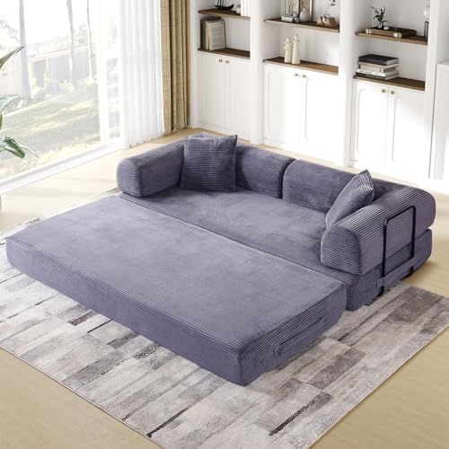 Convertible Folding Sofa Bed, Corduroy Sleeper Mattress Couch with Fixed-Shape Frame, Free Combination Loveseat Lounge Floor Sofa, Queen Size Memory Foam Couch for Living Room, Bedroom, Ash Grey - color: Ash Grey