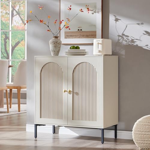 IFGET 34" Tall Modern Arched Sideboard Buffet Cabinet with Storage, Cream | Fluted Arch Sideboard Cabinet w/Adjustable Shelves, Wooden Modular Kitchen Cabinet for Dining& Living Room, Kitchen, Entryway - color: Cream, size: 1 Piece