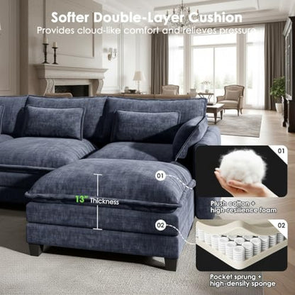 Marsail Modular Sectional Sofa 110.6" U-Shaped Modern Comfy Cloud Couch, 5-Seat Chenille Deep Seat Sofa with Throw Pillow & Movable Ottoman for Living Room, Bedroom and Apartment, Navy Blue - color: Blue, size: 110.6" - U Shape