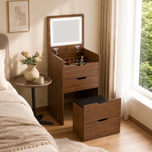 Small Vanity with Mirror and Lights for Small Space, 3-in-1 Compact Makeup Vanity Desk with Storage, Flip Top Vanity Table with Hidden Stool, 3 Color Mode, Drawers & Jewelry Organizer, Mini Vanity Set - color: Walnut+black, size: 19"