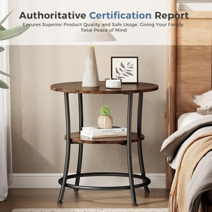OLIXIS 21.85-Inch Round End Table, 2-Tier Side Table for Living Room, Accent Stand with Storage Shelf, Sturdy Metal Frame Nightstand for Small Space, Round Bedside, Rustic Brown and Ink Black - color: Rustic Brown & Ink Black