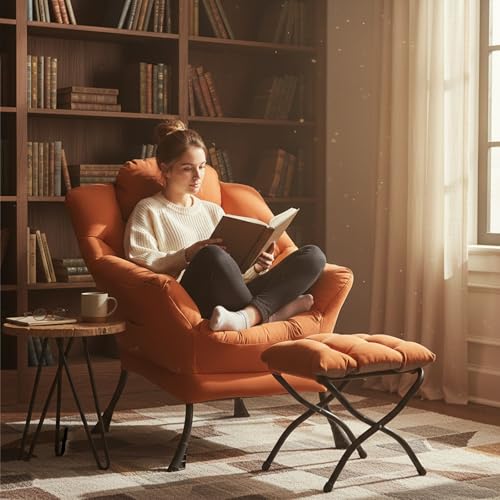 Welnow Lazy Chair with Ottoman, Reading Chair with Footrest，Orange | A Side Pocket,Armrests,Foldable Footrest,Thick Cushioned Seat & Backrest, Lounge Chair for Bedroom,Living Room & Small Space - color: Orange