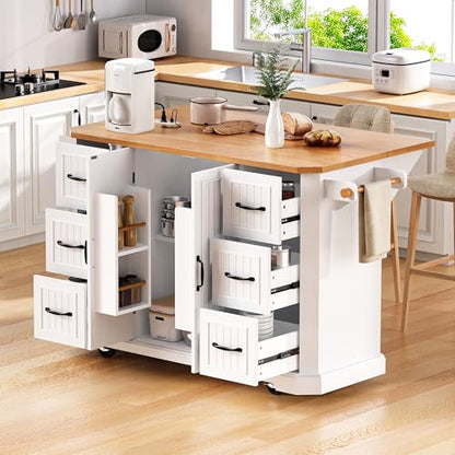 Rustic Rolling Kitchen Island with Drop Leaf, Built-in Charging Station & 6 Deep Drawers, 47" Farmhouse Mobile Cart for Dormitories, Offices, Bedrooms (White/R1) - color: White/R1