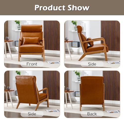 Mid Century Modern Accent Chair with High Back, PU Leather Reading Armchair with Waist Cushion, Upholstered Wood Frame Living Room Chairs for Bedroom Sunroom, Camel - color: Camel