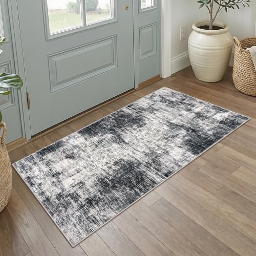 Abstract Runner Rug 2x4 Ft Entryway Rugs Washable Door Mat Indoor Entrance, Rubber Backed Entryway Runners, Printed Faux Wool Non Slip Floor Carpet for Foyer Front Door Sink, Black Grey - color: Black/Grey/White, size: 2' x 4' (Rectangular)