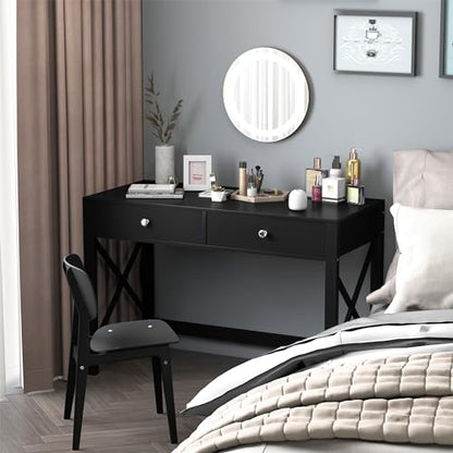 WiberWi Home Office Desk with Drawers, Modern Writing Computer Desk for Bedroom, Small Makeup Vanity Table Study Table for Home Office,Black - color: Black