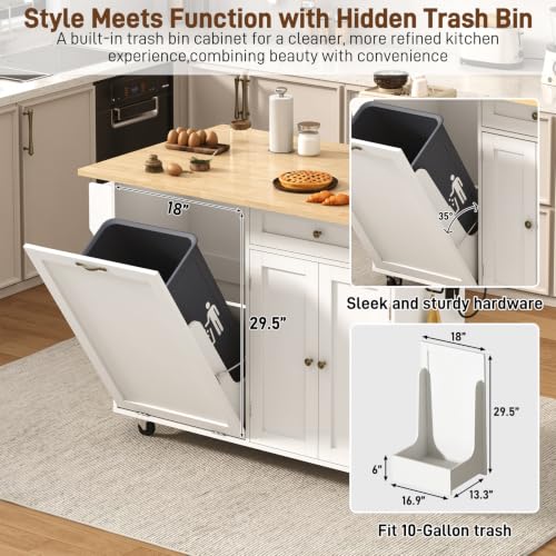 chartustriable 51" Kitchen Island with Drop Leaf,Kitchen Island Cart W/Rolling Trash Cabinet,Folding Drop Leaf,2 Drawers,Movable Carts on Wheels with Spice Rack&Towel Rack for Home, Dining Room,White - color: White, size: 29.5"D x 51.2"W x 35.8"H