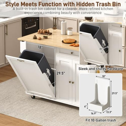chartustriable 51" Kitchen Island with Drop Leaf,Kitchen Island Cart W/Rolling Trash Cabinet,Folding Drop Leaf,2 Drawers,Movable Carts on Wheels with Spice Rack&Towel Rack for Home, Dining Room,White - color: White, size: 29.5"D x 51.2"W x 35.8"H