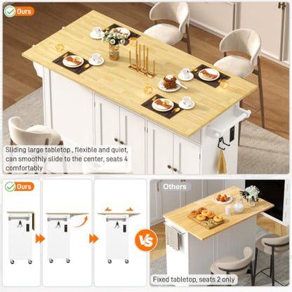 67" Large Movable Kitchen Island w/Sliding Drop Leaf,Power Outlet, Kitchen Rolling Island Cart w/ 2 Drawers, Island Table on Wheels w/ Trash Storage Cabinet,Spice Rack, Towel Bar,Garage Hook, White - color: White, size: 17.7"D x 66.9"W x 35.8"H