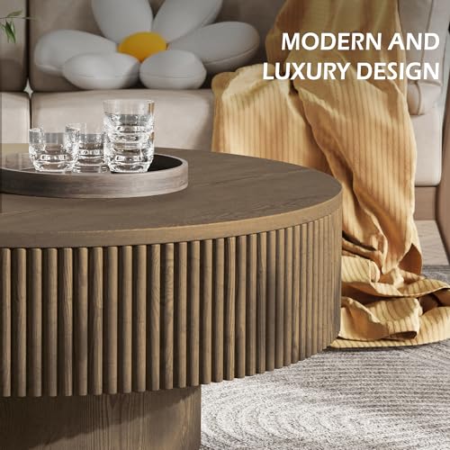 YOUDENOVA 31.5” Round Fluted Coffee Table, Modern Wood Circle Coffee Table, Veneer Handcrafted Relief Tea Table with Sturdy Pedestal for Living Room - Brown - color: 31" Brown-round