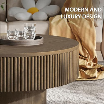 YOUDENOVA 31.5” Round Fluted Coffee Table, Modern Wood Circle Coffee Table, Veneer Handcrafted Relief Tea Table with Sturdy Pedestal for Living Room - Brown - color: 31" Brown-round