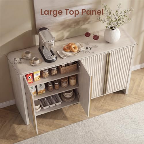 59" Fluted Sideboard Buffet Cabinet with Storage, White Alder | Modern Credenza Console with 4 Doors & Adjustable Shelves, Wood Coffee Bar for Kitchen, Living Room, Entryway