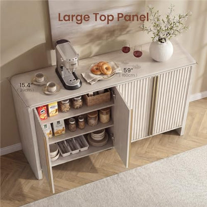 59" Fluted Sideboard Buffet Cabinet with Storage, White Alder | Modern Credenza Console with 4 Doors & Adjustable Shelves, Wood Coffee Bar for Kitchen, Living Room, Entryway