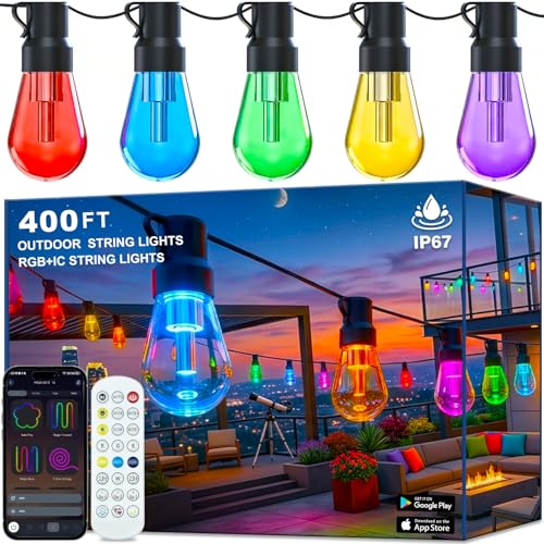 Outdoor String Lights,400FT Smart RGB+IC Patio Lights with Shatterproof LED Bulbs ,Outside Light Dimmable Patio for Decor DIY IP67 Waterproof ,Courtyard, garden,Holiday,LED lights more Scene Modes - size: 400FT