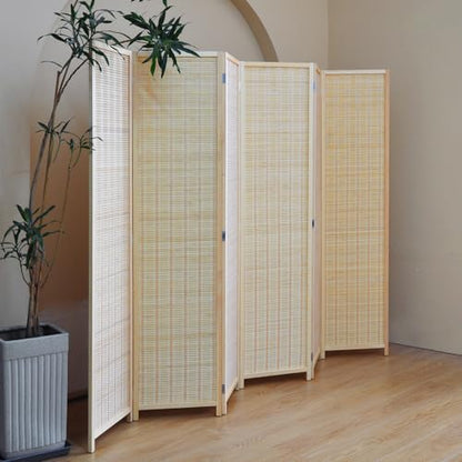 6 Panel Bamboo Room Divider – 5.6 ft Tall Folding Privacy Screen, Natural Beige Freestanding Room Partition Wall (67" H x 92.1" W, 6-Panel) - color: Beige, size: 6 Panel