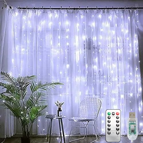 Curtain String Lights, 300 LED Fairy Lights with 8 Light Modes, 9.8x9.8Ft Remote Controlled Plug-in Fairy String Lights for Christmas, Bedroom, Indoor, Outdoor, Weddings, Party Decor (White) - color: Copper Wire-White
