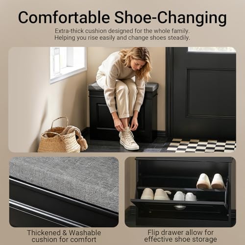 Haotian Black Hallway Shoe Bench, Narrow Shoe Rack Entryway, Small Shoe Cabinet with Flip-Drawer and Seat Cushion, FSR82-K-SCH - color: Black, size: 1 Drawer:24x9.4x20"