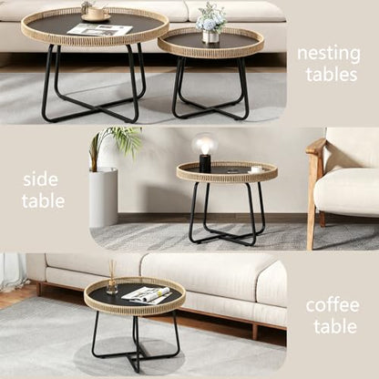 Round Woven Nesting Table, Wicker Coffee Table and Side Table Set of 2 | Metal Legs, for Living Room\ Outdoor\ Bedroom\ Office\ Balcony\ Patio, with Lip on Top